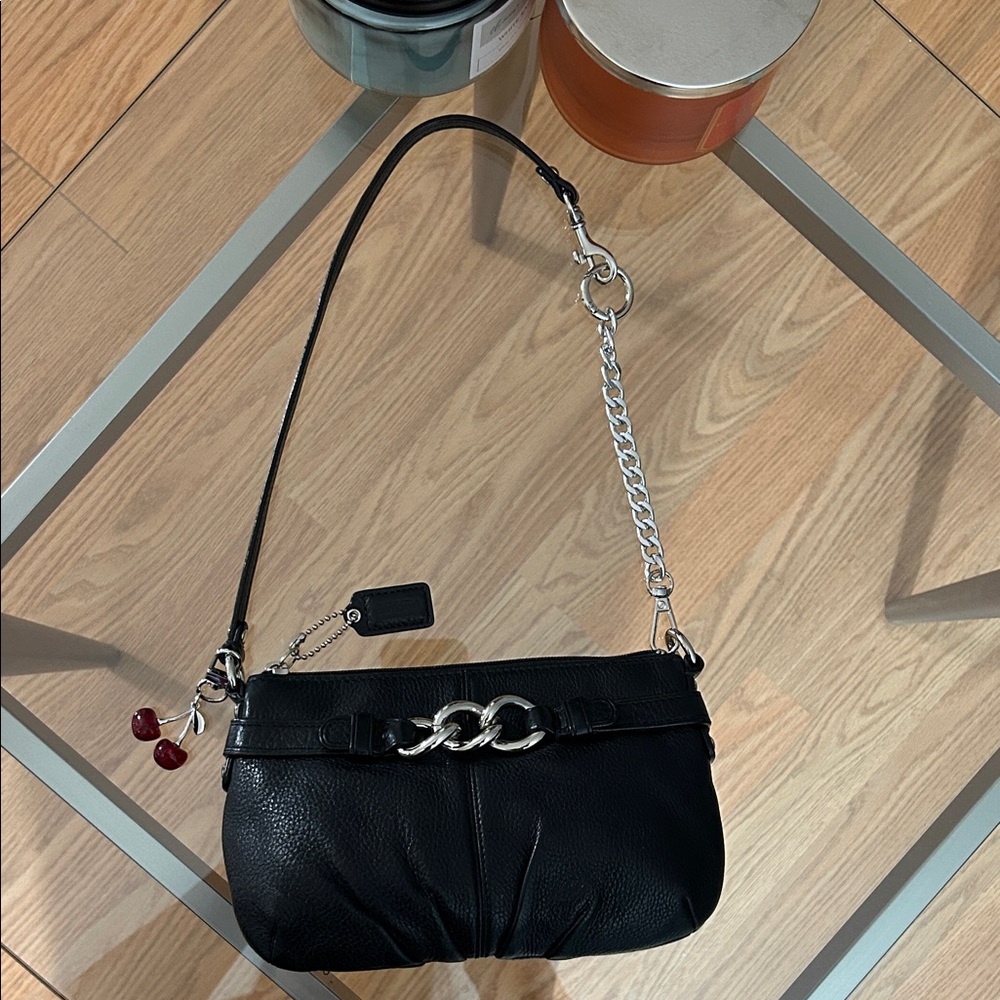 Coach Vintage Black Leather Small Shoulder Bag with Silver Chain